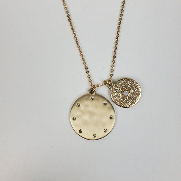 Loft Gold Tone Double Pendant Round Circle Crystal Rhinestone Pendant Necklace - Picture 5 of 13